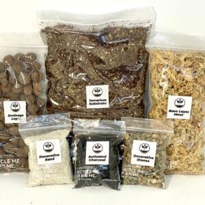 Eko lab substrate kit, including drainage layer, barrier moss, charcoal, premium substrate, sand and stones